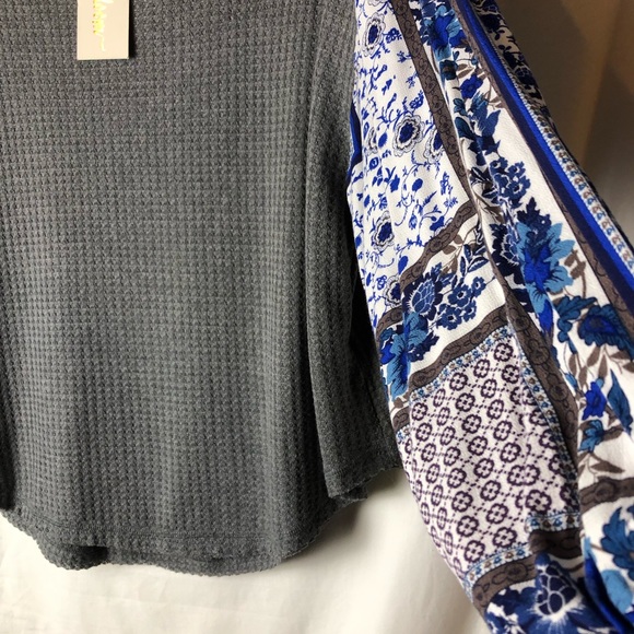 In Loom Waffle Knit Thermal Mix Print Contrast Long Sleeves Top Blouse Size L - Picture 6 of 11